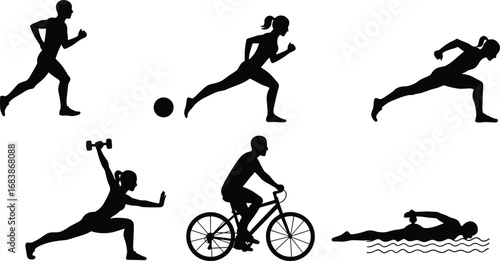 Fitness and sports silhouette set including running, yoga, swimming, weightlifting, cycling, sprinting, and soccer for active lifestyle designs