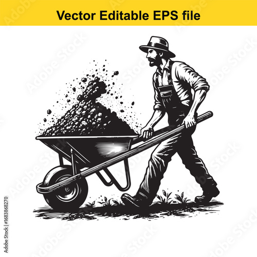 Farmer pushing a wheelbarrow full of dirt, isolated on white background