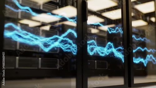 Close up of server racks with glowing blue lines representing data flow in a data center view