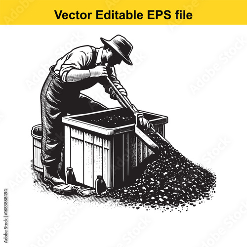 Miner shoveling coal into a wooden bin, isolated on white background