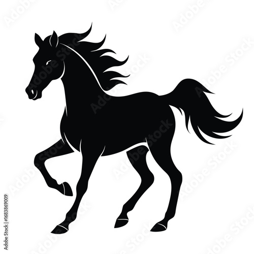 Graceful black horse silhouette in a canter with flowing mane and tail equine animal