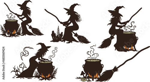 Halloween witches stirring cauldrons with broomsticks and potion smoke – spooky magical witchcraft silhouettes for Halloween designs
