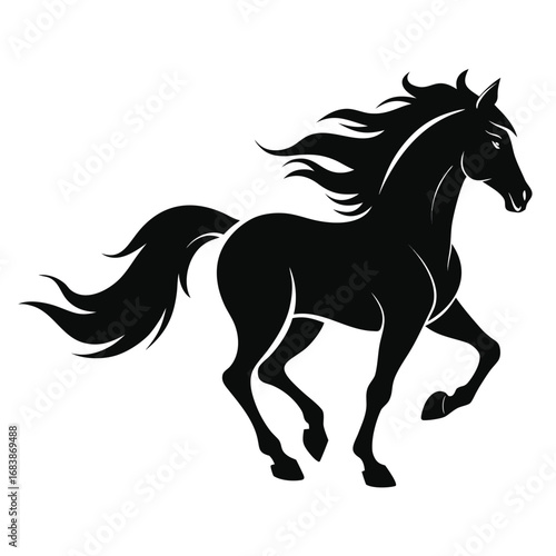 Silhouette of a galloping black horse with flowing mane and tail running