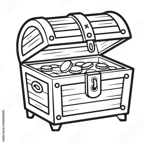 Treasure chest with gold coins black and white illustration for pirate, adventure, and fantasy design