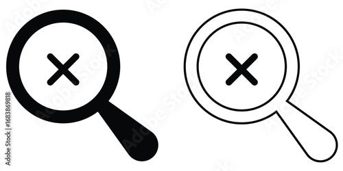 Cross sing on dark magnifying glass icon. Search object, Lens icon set. Graphical vector illustration of zoom icon. Modern vector shape lens. Black isolated zoom icon set. EPS 10. 