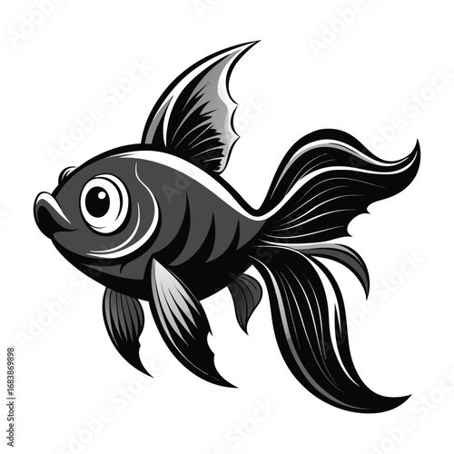 Stylized black and white goldfish illustration with flowing fins and large eye aquatic animal