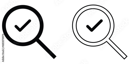 Search object, Lens icon set. Graphical vector illustration of zoom icon. Tick sing on isolated zoom lens icon set. Vector magnifying glass icon set on white background. EPS 10. 