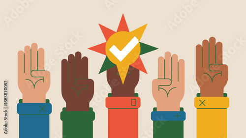 Diverse hands raised with a checkmark star symbolizing unity and positive affirmation