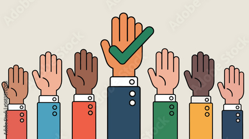 Diverse hands raised with one hand showing approval with a green check mark icon