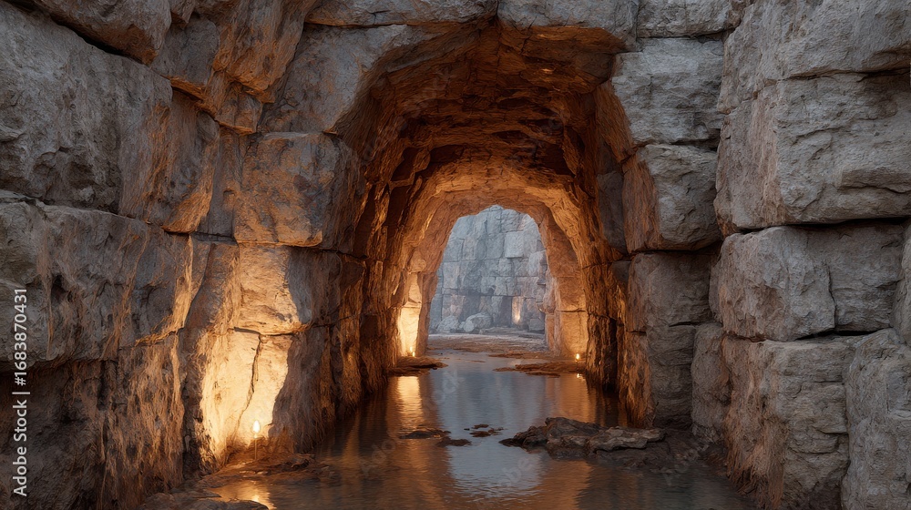 Fototapeta premium Rocky Cave Tunnel With Water And Warm Lighting. Natural Stone Passageway Illuminated By Soft Lights