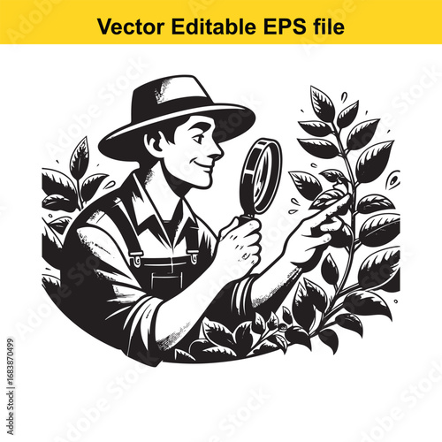 Farmer examining plant with magnifying glass, vector illustration