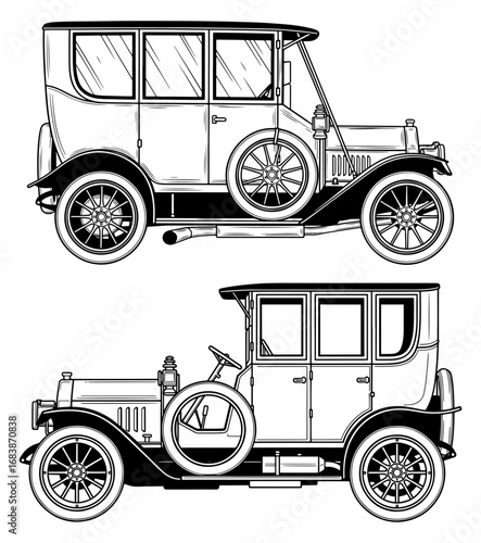 Vector art of vintage automobile illustration showcasing two classic cars from an earlier era, detailed with wheels and windows