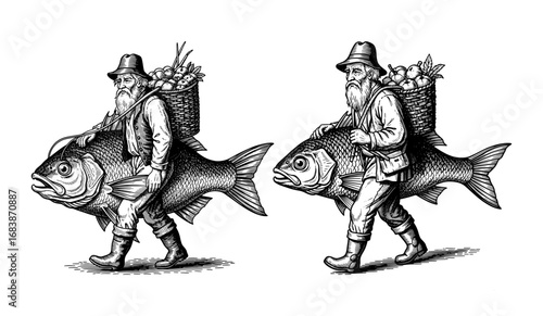 Vector art of two vintage men riding giant fish