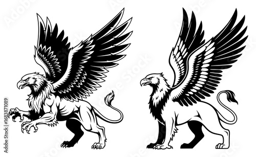 Vector art of two griffins, mythical creatures with lion bodies and eagle heads and wings, black and white