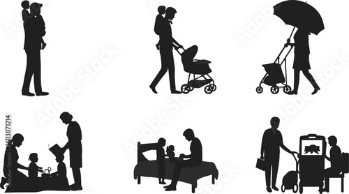Silhouettes of parents with children carrying, pushing stroller, reading, playing, and traveling together in various family moments