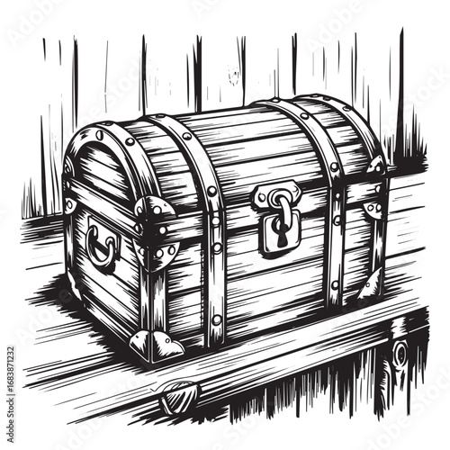 Old wooden treasure chest black and white illustration for pirate, adventure, and fantasy artworkvv