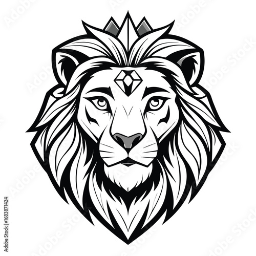 Black and white illustration of a lion head with a crown and diamond on forehead king animal