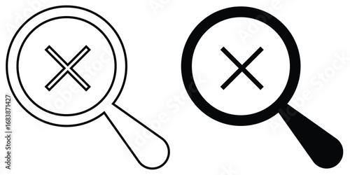 Cross sing on dark magnifying glass icon. Search object, Lens icon set. Graphical vector illustration of zoom icon. Modern vector shape lens. Black isolated zoom icon set. EPS 10. 