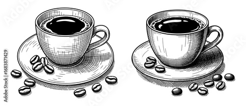 Vector art of two cups of coffee with coffee beans on saucers