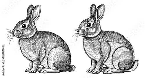 Vector art of two detailed black and white illustration rabbits sitting