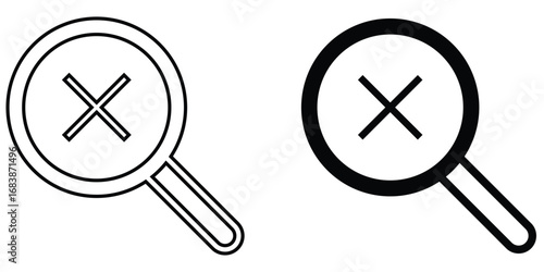 Cross sing on dark magnifying glass icon. Search object, Lens icon set. Graphical vector illustration of zoom icon. Modern vector shape lens. Black isolated zoom icon set. EPS 10. 