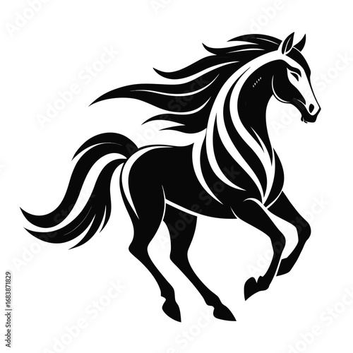 Black and white stylized galloping horse with flowing mane and tail vector