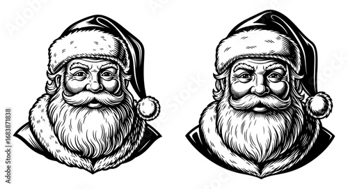 Vector art of two detailed illustrations of santa claus faces with beards and hats