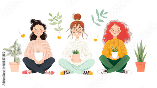 Colorful Illustration of Three Young Women Smiling and Sitting Together with Potted Plants and Greenery