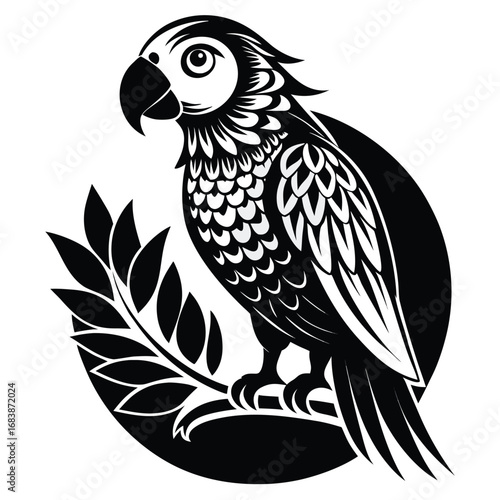 Black and white stylized parrot perched on a branch with leaves bird tropical