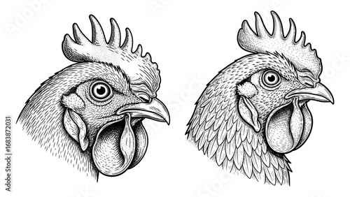 Vector art of two detailed black and white ink drawings of chicken heads
