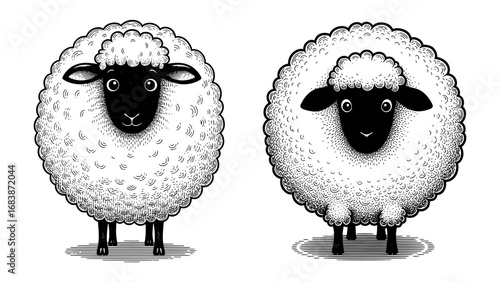 Vector art of two fluffy sheep with black faces and ears