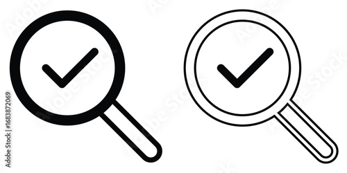Search object, Lens icon set. Graphical vector illustration of zoom icon. Tick sing on isolated zoom lens icon set. Vector magnifying glass icon set on white background. EPS 10. 