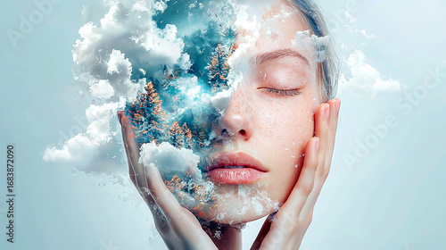 Conceptual Portrait of a Woman Merging with Clouds and Water in a Dreamy Atmosphere
