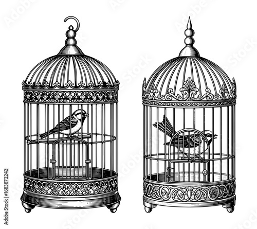 Vector art of two vintage ornate bird cages, one with a bird inside