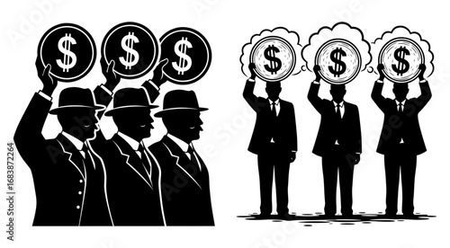 Vector art of silhouettes of businessmen holding dollar signs above their heads, symbolizing wealth, finance, and ambition