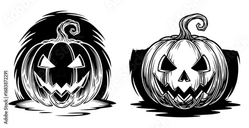 Vector art of two carved halloween pumpkins with spooky faces, black and white, one with dark background