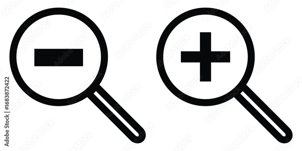 Fototapeta premium Search object, Lens icon set. Graphical vector illustration of zoom icon. Negative sing on isolated zoom lens icon set. Vector magnifying glass icon set on white background. EPS 10. 