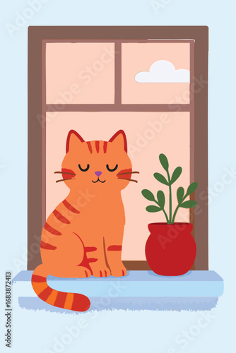 Cute Cat Cartoon Domestic Home Vector Window Illustration Indoor Pet Animal View Look Interior House Print Design