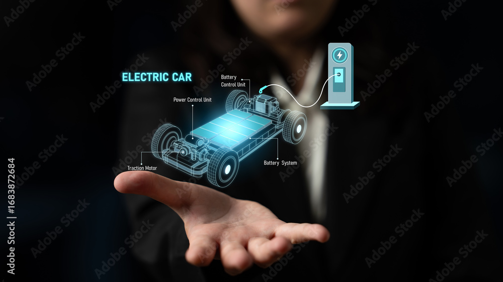 Fototapeta premium Structure of electric car showing battery system, traction motor, control units, and charging station for understanding EV functionality and energy flow Latch
