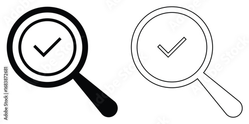 Search object, Lens icon set. Graphical vector illustration of zoom icon. Tick sing on isolated zoom lens icon set. Vector magnifying glass icon set on white background. EPS 10. 
