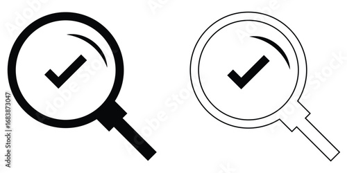 Search object, Lens icon set. Graphical vector illustration of zoom icon. Tick sing on isolated zoom lens icon set. Vector magnifying glass icon set on white background. EPS 10. 