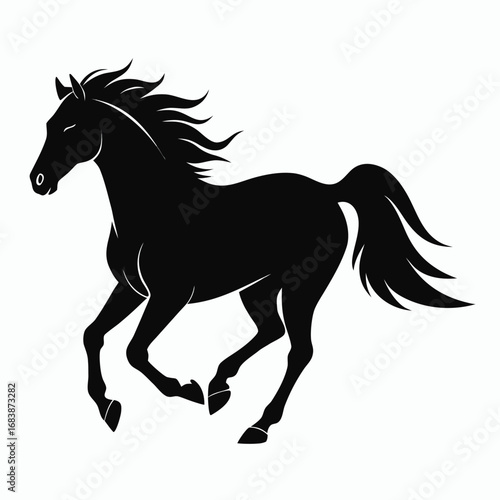 Black silhouette of a galloping horse with flowing mane and tail running