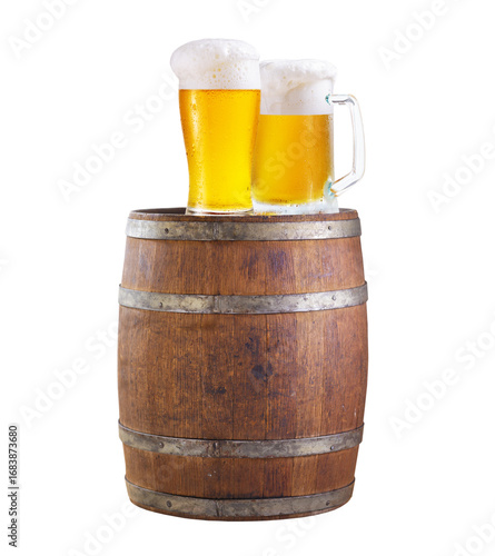cold mug and glass of beer on wooden barrel isolated on transparent background