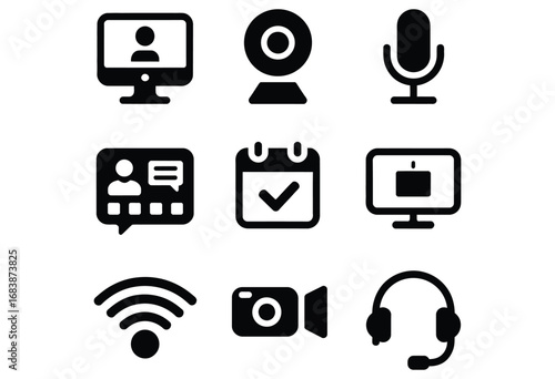 WebModern icons represent essential digital communication and connectivity tools for remote work, online meetings, and creative projects, boosting productivity.