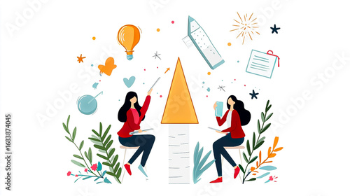 Creative Brainstorming Session Between Two Women Surrounded by Colorful Elements and Illustrative Ideas