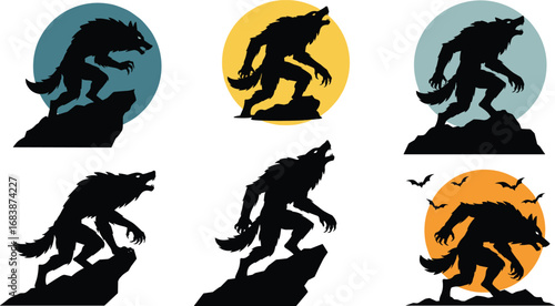 Werewolf silhouette howling at full moon – spooky Halloween creature in night sky with bats and rocky cliff vector illustration