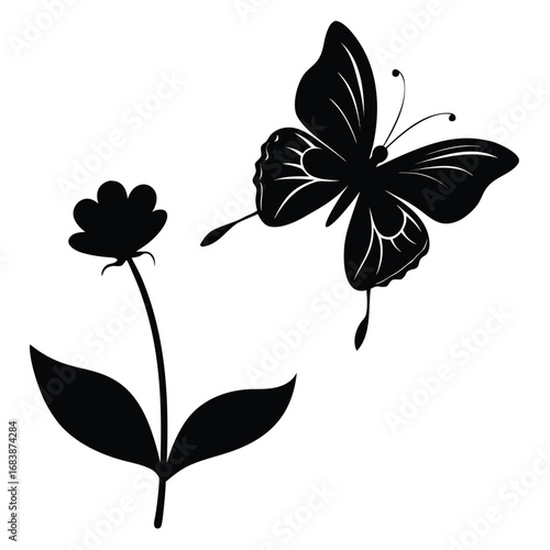 Black silhouette of butterfly flying towards a flower on white background insect nature