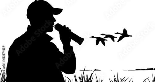 "Silhouette of Hunter Aiming Shotgun at Flying Birds"
