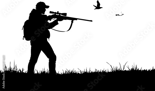 "Silhouette of Hunter Aiming Shotgun at Flying Birds"