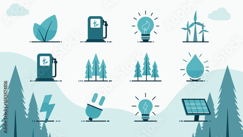 Eco-Friendly Line Art Icons Set – Flat Light Blue Vector Symbols of Sustainability, Renewable Energy, and Nature
